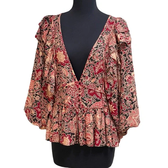 House of Harlow 1960 Jaipur Print Boho Abstract Floral Blouse Top Sz L Black Red - Picture 4 of 16